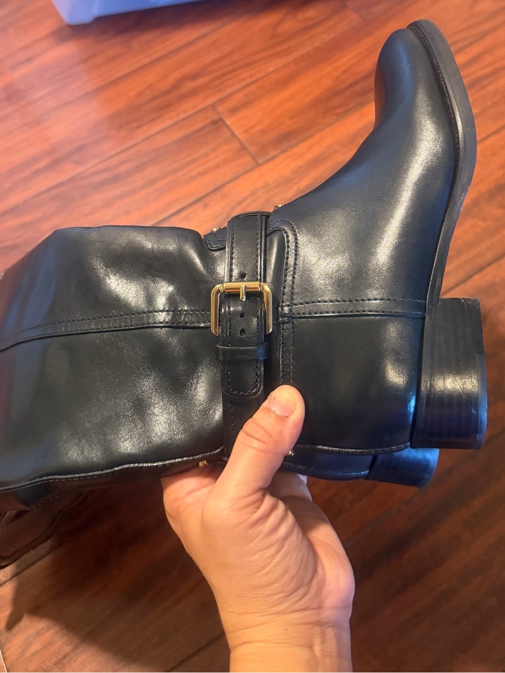 Tory Burch Black Leather Riding Boots with Gold Buckle - Picture 12 of 13